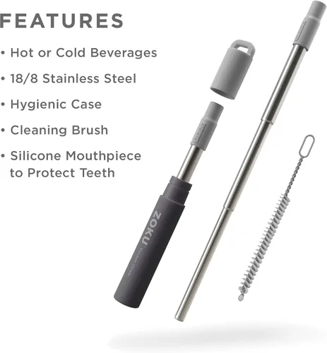 Miniatura 2 de ZOKU Popote de metal reutilizable con estuche para viajes, gris - Popote plegable de acero inoxidable con punta de silicona y cepillo limpiador