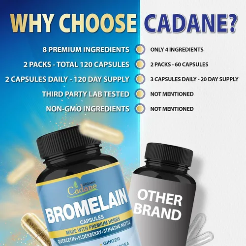 Miniatura 7 de Organic Cadane 2 paquetes de 60 cápsulas de suplemento de bromelina, con quercetina, saúco, jengibre, equinácea, ajo, pimienta negra, suministro