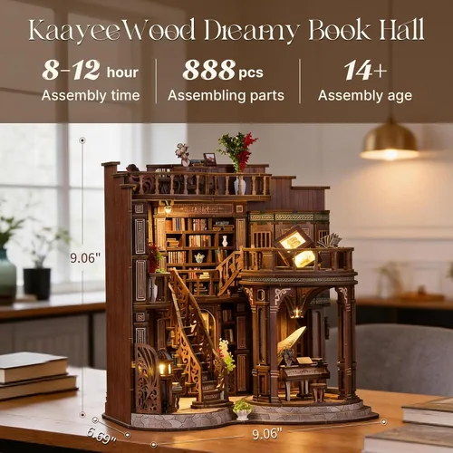 Miniatura 2 de Kit de rincón de libros, rompecabezas de madera 3D en miniatura, sujetalibros con luz LED, decoración de estantería de flor de cerezo para libros