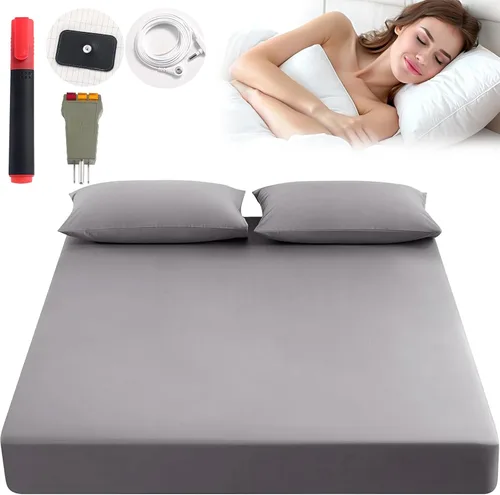 Sábana de fibra plateada, 90% algodón orgánico + 10% fibra de plata pura, mejora el sueño y alivia el dolor, sábanas de cama (gris, Queen)