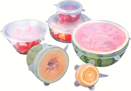 Miniatura 3 de Tapas elásticas de silicona, 6 tamaños, fundas reutilizables para almacenamiento de alimentos para cuencos, frutas y recipientes (rosa, 6 unidades)