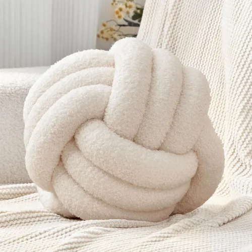 Petrella Almohada redonda de nudo para decoración del hogar, cojín decorativo estético, lana de cordero, color beige, 8 pulgadas