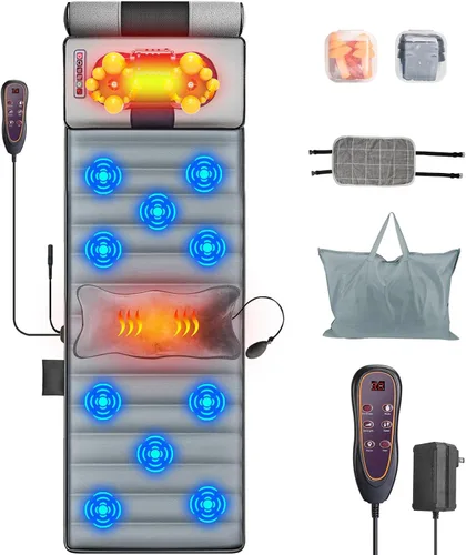 TeqHome Tapete de Masaje de Cuerpo Completo con Calor y Almohada de Masaje Shiatsu Movible para Cuello y Espalda, Almohadilla de Masaje con Almohada