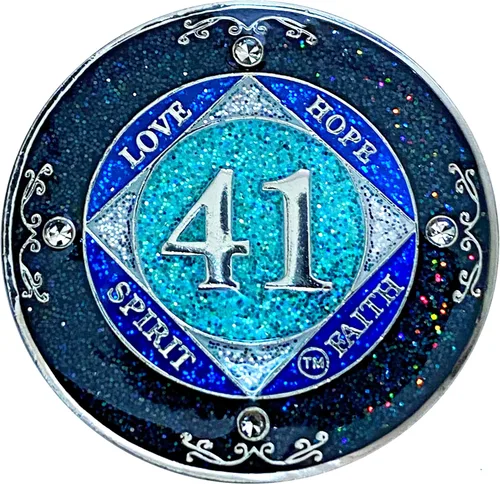 Miniatura 45 de NA 1 año de cristales y medallón de purpurina, moneda chapada en color plateado, arco iris negro, purpurina azul y cuatro cristales transparentes