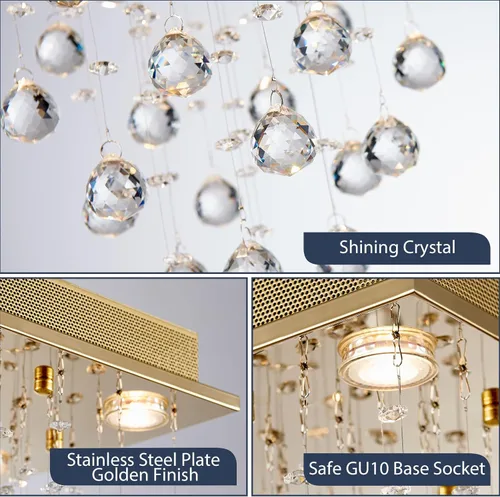 Miniatura 4 de Bestier - Candelabro dorado moderno de cristal cuadrado con gotas de lluvia, iluminación pareja para montaje; lámpara LED colgante con montaje