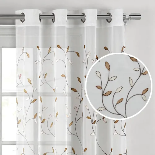 Creative Home Ideas Cortinas bordadas florales con hojas decorativas para sala de estar, 54"x63" con ojales, color marrón - 1 panel individual