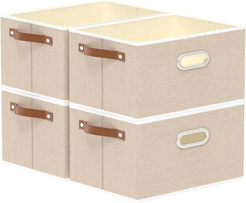 Miniatura 23 de Yawinhe Cestas de almacenamiento de tela, organizador plegable de armario para estantes, cajas grandes con 3 asas, contenedores de lona para ropa