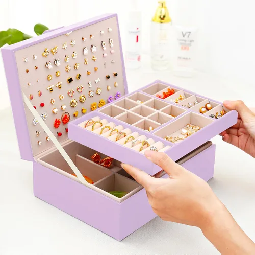 Miniatura 35 de Joyero de pendientes para mujeres y niñas, organizador de aretes de 5 capas, caja organizadora de joyas blanca con candado, collares y aretes