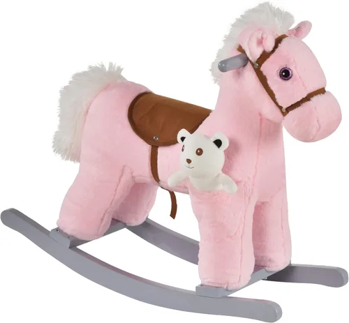 Qaba Caballo mecedor de peluche para niños con juguete de oso, silla para niños con juguete de felpa suave y divertidos sonidos realistas, rosa