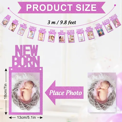 Miniatura 2 de Whaline Cartel de fotos de bebé de primer cumpleaños para recién nacidos a 12 meses, guirnalda de fotos de hitos mensuales, decoración de Rosa fuerte