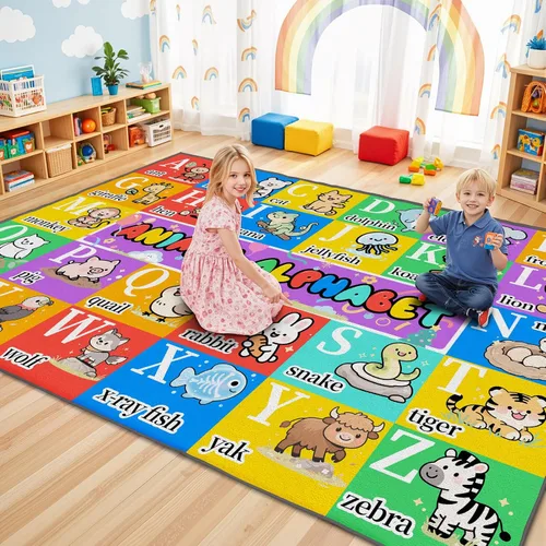 Miniatura 10 de Alfombras con letras del alfabeto para sala de juegos, aula, dormitorio, 5 x 7 pies, antideslizante y suave, alfombra ABC para habitación de niños