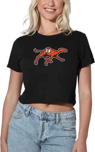 Colección oficial de camisetas cortas con logotipo primario desgastado universitario para mujer, color negro