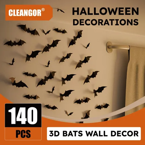 Miniatura 9 de CLEANGOR 140 piezas de murciélagos para decoración de Halloween, suministros de fiesta de Halloween, calcomanías de pared de murciélagos 3D, bonitas