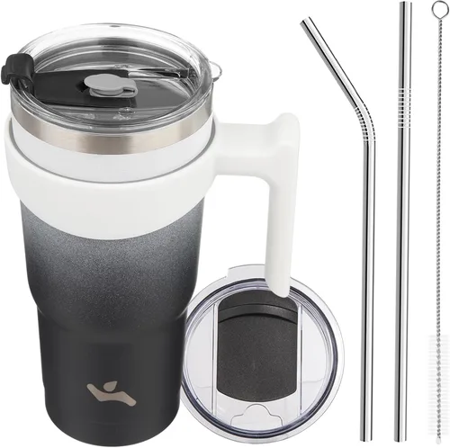 Miniatura 82 de Konokyo - Vaso de 10 onzas con asa y 2 popotes, 2 tapas, botella de agua aislada de acero inoxidable, taza de viaje reutilizable, color verde militar