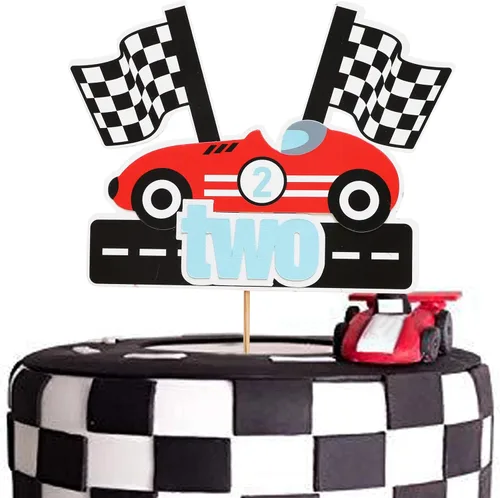 Dos decoraciones para tartas rápidas, dos decoraciones de fiesta de cumpleaños rápidas, decoración de fiesta temática de auto de carreras vintage,