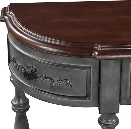 Miniatura 5 de LUMISOL Mesa de sofá estrecha con diseño curvo circular retro, mesa de consola con 4 cajones de almacenamiento y estante abierto, gris retro Gris