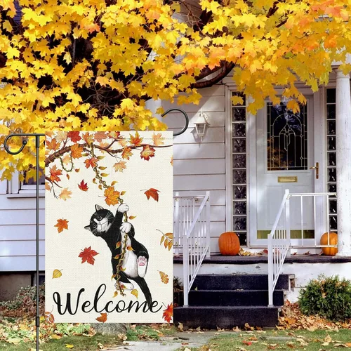 Miniatura 2 de Louise Maelys Bandera de jardín de gato de bienvenida de otoño de 12 x 18 pulgadas, doble cara, pequeña arpillera de otoño con gato negro, bandera