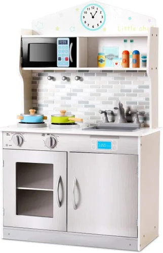 Miniatura 9 de OLAKIDS - Juego de cocina para niños, cocina de madera para niños pequeños con sonidos reales, estufa, microondas, horno, fregadero, gabinete