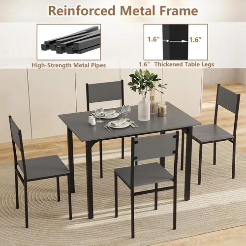 Miniatura 4 de GOFLAME Juego de mesa de comedor de 5 piezas, mesa de cocina industrial y sillas para 4 personas con respaldo y marco de metal, juego de comedor Gris