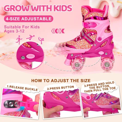 Miniatura 2 de Mammygol Patines para niñas, 4 tamaños ajustables con ruedas iluminadas, para niños