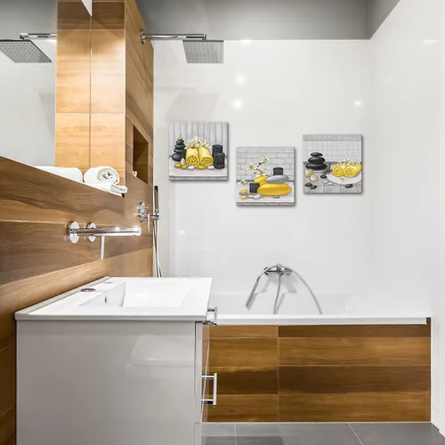 Miniatura 3 de RnnJoile Arte de pared de lienzo para spa con piedra Zen y orquídea, pintura de estilo bodegón amarillo, impresiones para decoración de baño