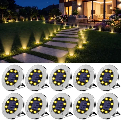 DUUDO Luces solares de 4.6 pulgadas impermeables para exteriores, paquete de 10 unidades, luces solares de jardín, luz brillante en el suelo, luz