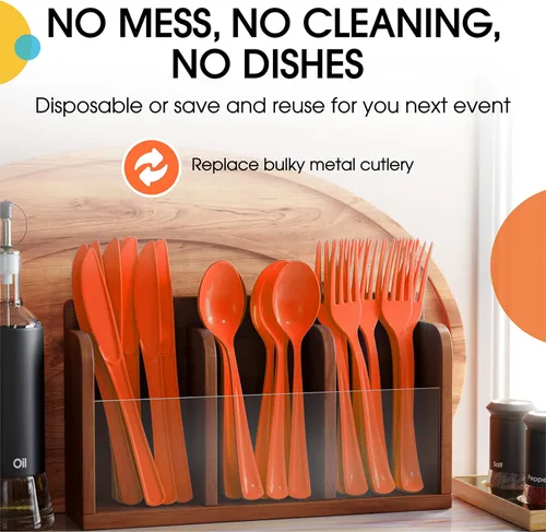 Miniatura 5 de Exquisite Cucharas de plástico naranja, 50 piezas, cucharas naranjas, utensilios desechables, juego de cubiertos de plástico resistente