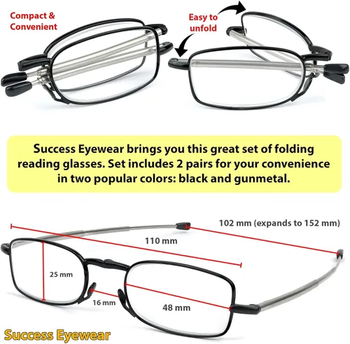 Miniatura 4 de Success Eyewear 2 pares de lentes de lectura negros y plomizo compactos para lectura plegables unisex con estuche incluido Paquete: Conjunto