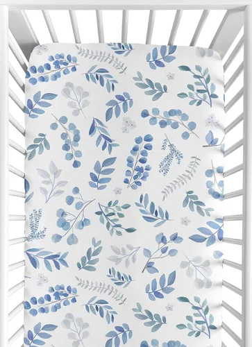 Sweet Jojo Designs Sábana bajera ajustable para cuna para niño o niña, cama de bebé o bebé, color azul, gris y blanco, bohemio, acuarela, flores