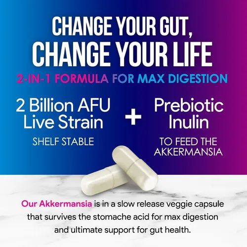 Miniatura 3 de Akkermansia Suplemento para la salud intestinal - Probiótico Akkermansia prémium con fibra prebiótica - Akkermansia Muciniphila 2 mil millones