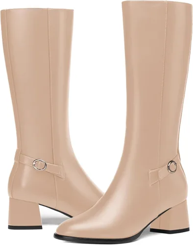 Miniatura 6 de AMBELIGHT Botas de tacón bajo grueso para mujer, con puntera redonda, color liso, con cremallera, 2 pulgadas
