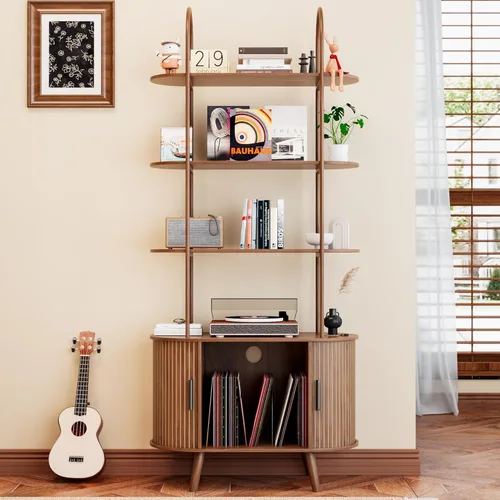 Soporte Alto para Tocadiscos de Vinilo, Estantería de 4 Niveles con Puertas Corredizas, Gabinete Retro Pequeño para Almacenamiento de Discos,