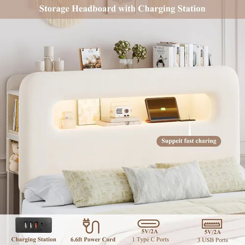 Miniatura 5 de HOSTACK Marco de Cama LED Full con Cabecera de Almacenamiento y Estación de Carga, Marco de Cama para Niños con 2 Cajones y Puertos USB, Marco