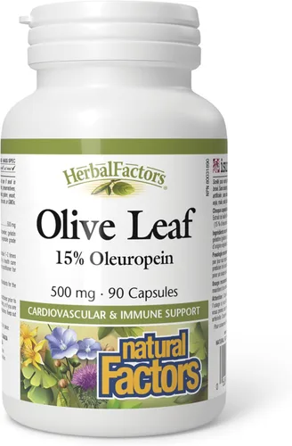 HerbalFactors by Natural Factors, Hoja de Olivo 500 mg, Fórmula de Bienestar Natural, 90 Cápsulas