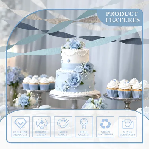 Miniatura 8 de NICROLANDEE 5 rollos de serpentinas de papel crepé azul polvoriento, gris, plateado, para decoración de bodas, guirnalda de papel para decoración