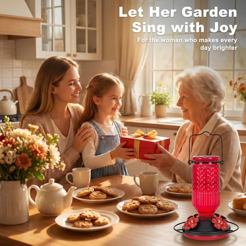 Miniatura 7 de FEED GARDEN Comedero de vidrio para colibríes para colgar al aire libre, comedero de colibríes de 16 onzas con 4 puertos de alimentación con Rojo