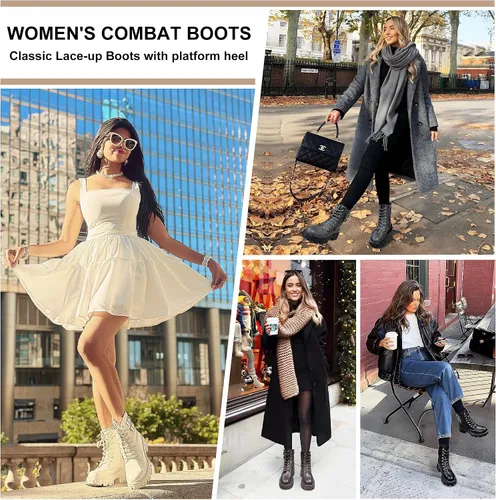 Miniatura 2 de Vepose Botas de combate para mujer, botines de plataforma con cordones y tacón grueso con cremallera