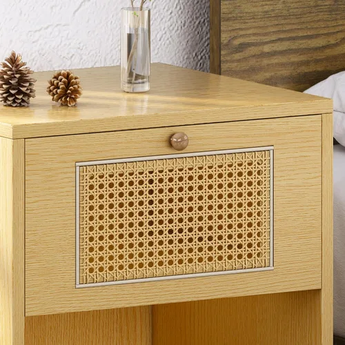 Miniatura 4 de Mjkone Juego de 2 mesitas de noche de ratán, mesa auxiliar bohemia con cajones de almacenamiento, mesita de noche de caña con patas de metal