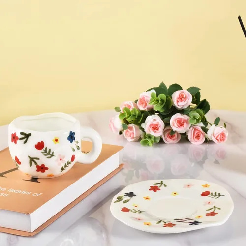 Miniatura 7 de Koythin Taza de café de cerámica, bonita taza rosa para mujer con platillo para la oficina y el hogar, apta para lavavajillas y microondas, 10