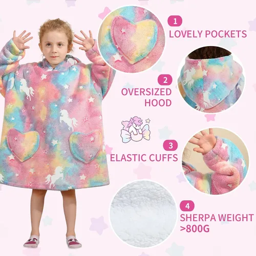Miniatura 4 de Manta con capucha vestible para niños, manta Sherpa de gran tamaño con capucha para niños, niñas y bebés de 2 a 6 años, unicornios arcoíris