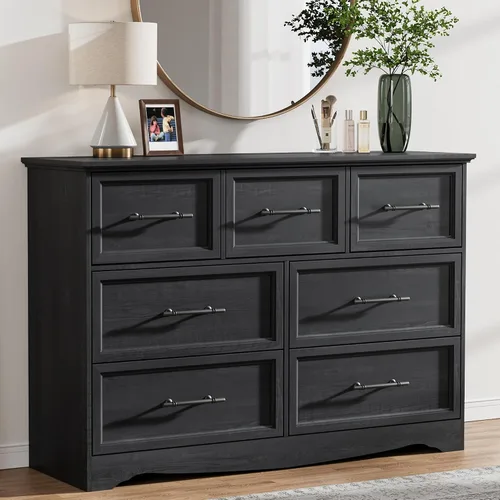 Miniatura 11 de Mesita de noche con estación de carga, Mesa auxiliar estilo granja de 19.7" con almacenamiento de 3 cajones, Mesa lateral de cama de madera