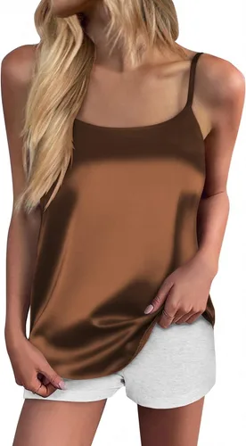 Ekouaer Camiseta sin mangas de seda para mujer, con tirantes delgados, de satén, básica, cuello redondo, espalda en Y, sedosa, tallas S-XXL
