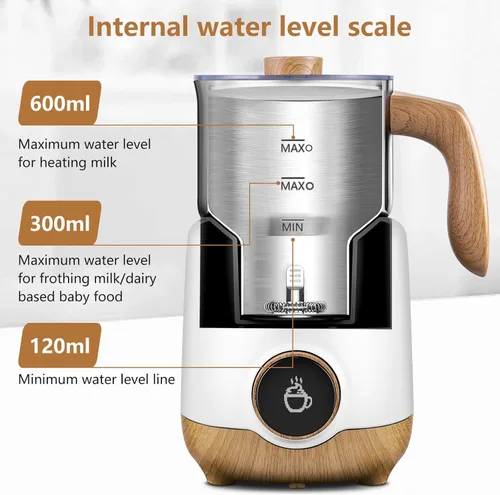 Miniatura 7 de AMZCHEF Espumador de leche 8 en 1 y vaporizador de 21 onzas, vaporizador automático de acero inoxidable dividido de 550 vatios, calentador de leche