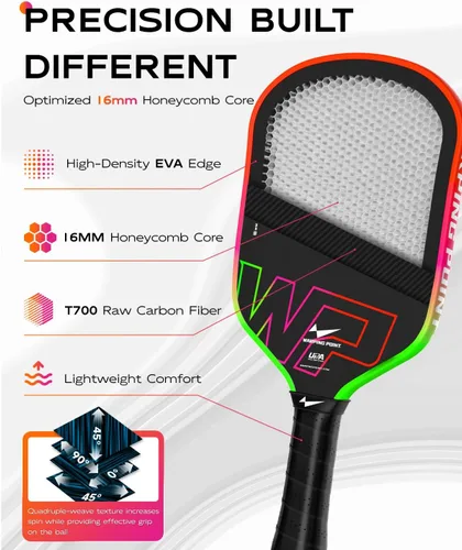 Miniatura 2 de Warping Point Pala de pickleball Neon Gen 3, aprobada por UPA-A, fibra de carbono T700 cruda de triple capa, núcleo EdgeFusion de 16 mm, marco