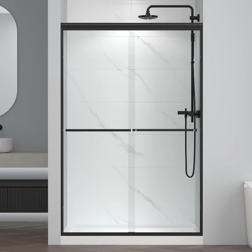 ENSO SENKA 44-48" W x 72" H Puerta de ducha corrediza semi-sin marco, vidrio templado transparente tratado y fácil de limpiar, acabado negro mate