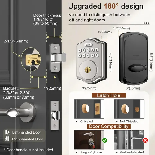 Miniatura 7 de 52HZ Cerradura de puerta de entrada sin llave con código, cerrojo electrónico con teclado y 2 llaves, cerraduras inteligentes para puerta principal