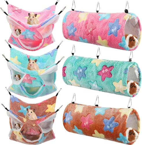 Miniatura 8 de Sweetude Juego de 6 hamacas para ratas, túnel colgante de hurón, hamacas de conejillo de indias de 3 niveles, cama de chinchilla suave para Lovely