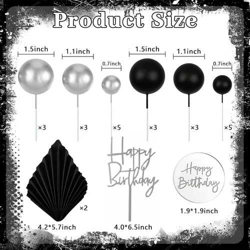 Miniatura 2 de MEMOVAN 26 piezas de decoración de pastel de cumpleaños para hombre, decoración de pastel bohemio negro, bolas negras plateadas, hojas de palma