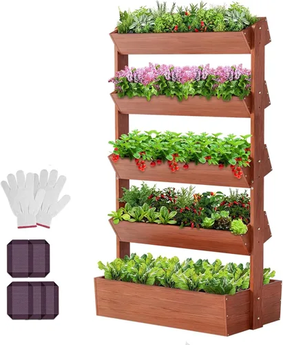 Miniatura 10 de DoCred Cama de jardín vertical elevada de madera, 4 niveles mejorados, soporte de madera independiente para plantas, hierbas, flores, verduras
