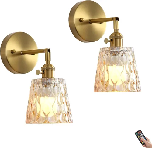 Miniatura 11 de Paquete de 2 apliques de pared dorados con modernas pantallas de vidrio ámbar, accesorios modernos de luz de pared de tocador de baño de mediados